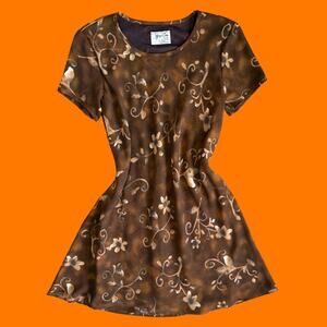 90's vintage brown earthy abstract floral chiffon short sleeve mini dress LARGE